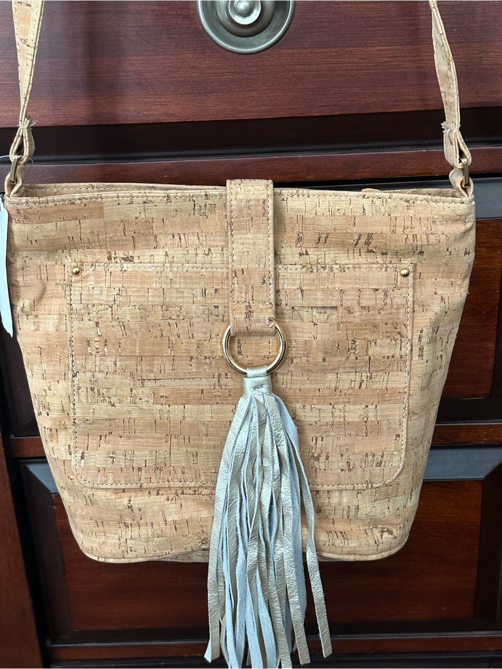 Natural Cork Crossbody Bag with Silver Tassel